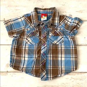 Baby Boy 12m Blue Brown Plaid Button Down Shirt Sprockets 100% Cotton